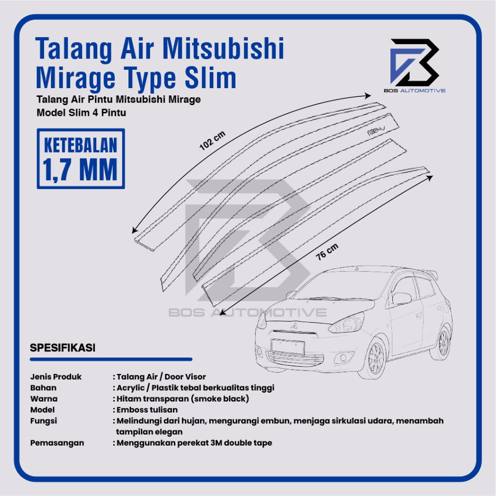 Talang Air Pintu Mobil Mitsubishi Mirage 2012 â€“ 2020 Model Slim 4 Pintu - foto-produk-2