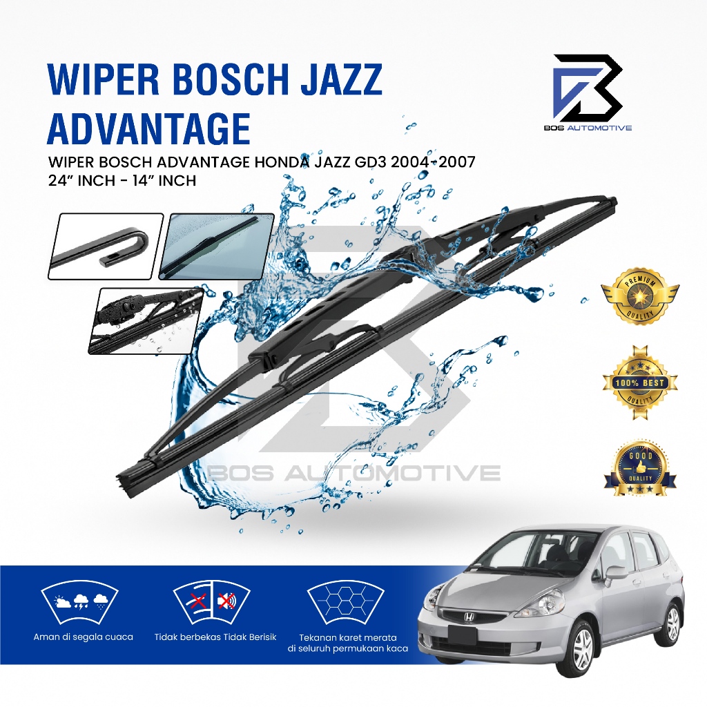 Wiper Blade BOSCH Advantage Besi Kipas Kaca Depan Mobil HONDA JAZZ GD3 2003 â€“ 2008 Frame Hook 24" - 14" Inch Original