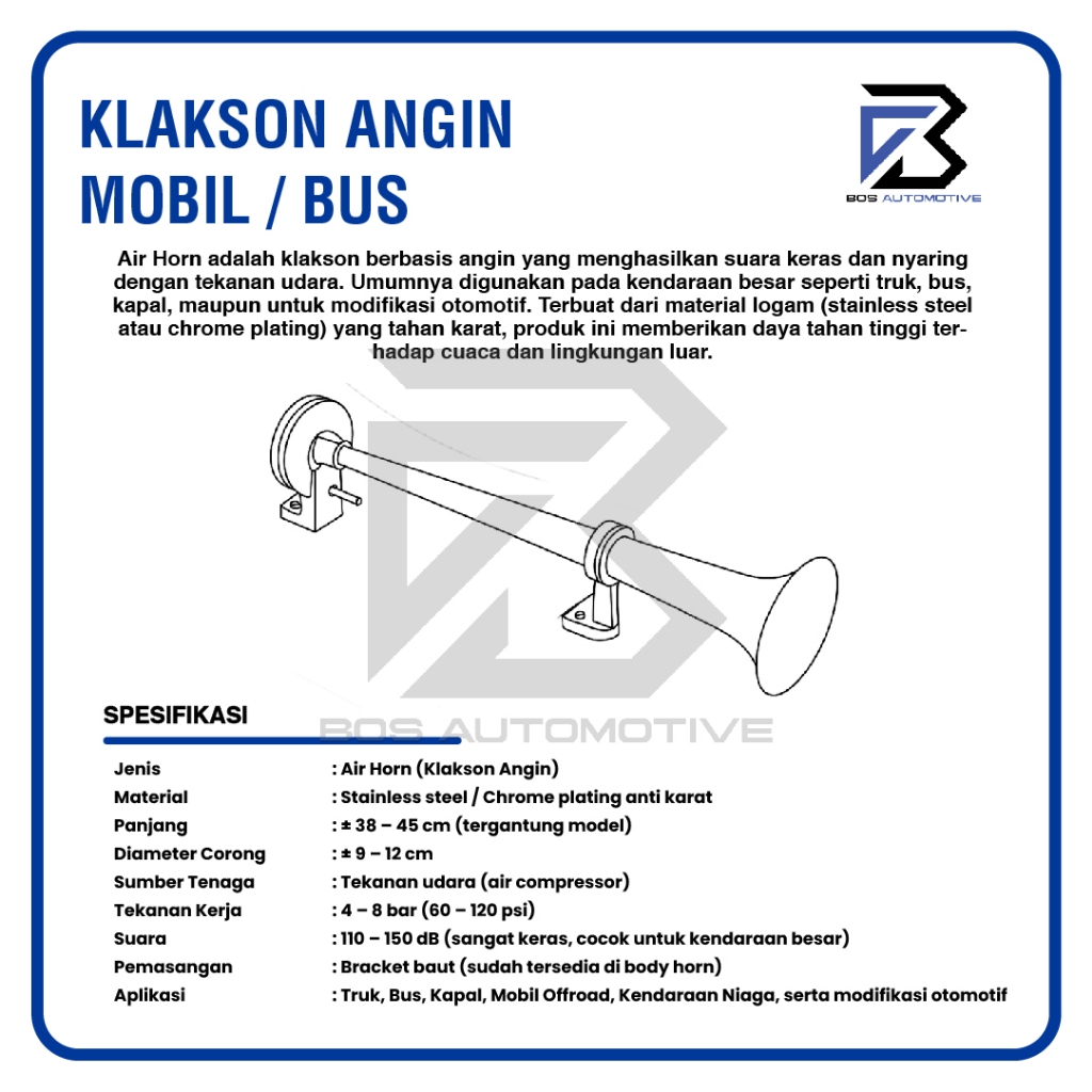 Klakson 1 Terompet Corong Angin Mobil Bus Truk Container 12v 24v Universal - foto-produk-2