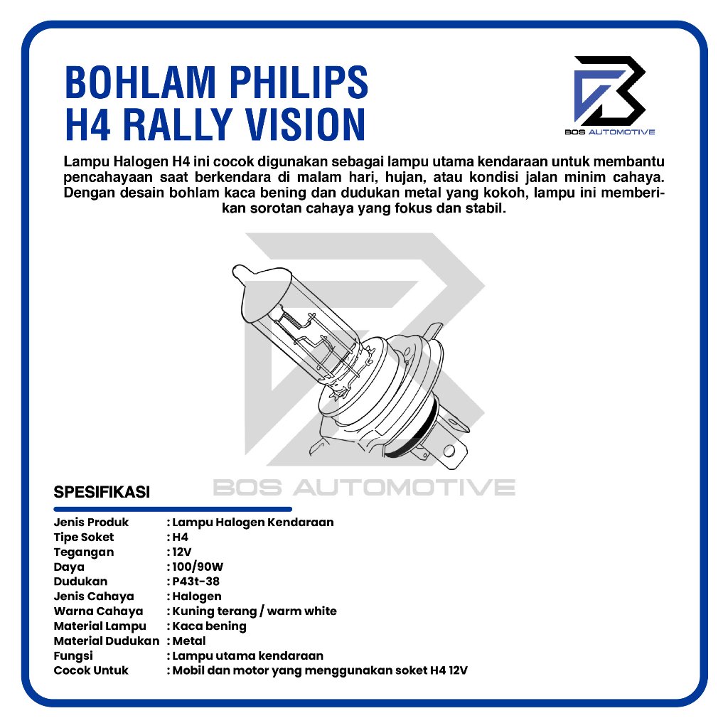 BOHLAM PHILIPS LAMPU HEADLAMP MOBIL H4 100/90 WATT 12V - foto-produk-2