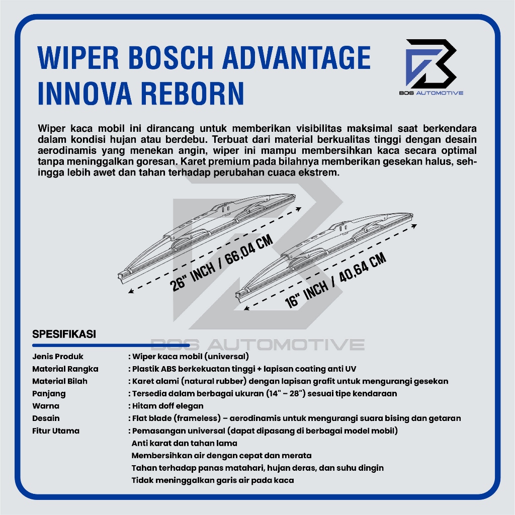 Wiper Blade BOSCH Advantage Besi Kipas Kaca Depan Mobil TOYOTA INNOVA REBORN 2015 - 2022 Frame Hook 26" - 16" Inch Original - foto-produk-2