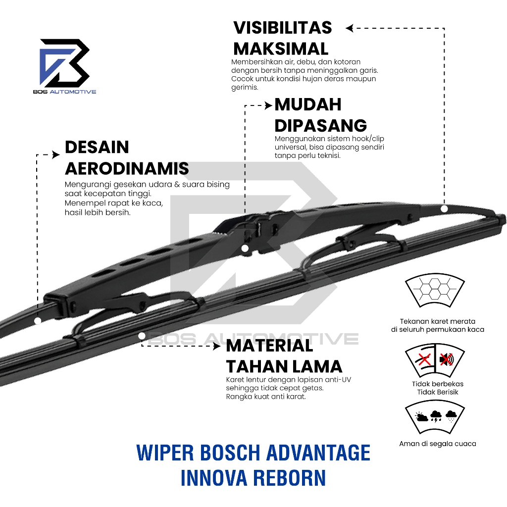 Wiper Blade BOSCH Advantage Besi Kipas Kaca Depan Mobil TOYOTA INNOVA REBORN 2015 - 2022 Frame Hook 26" - 16" Inch Original - foto-produk-3