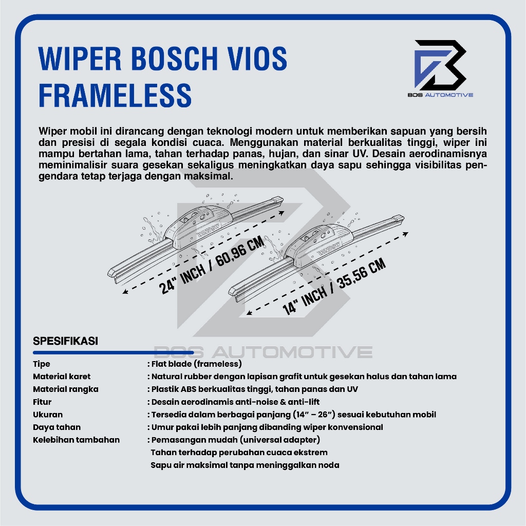Wiper Blade BOSCH Clear Frameless Karet | Advantage Besi Kipas Kaca Depan Mobil TOYOTA VIOS 2003 â€“ 2013 Frame Hook 24" - 14" Inch Original - foto-produk-2