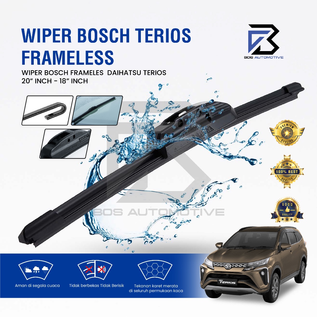 Wiper Blade BOSCH Clear Frameless Karet | Advantage Besi Kipas Kaca Depan Mobil DAIHATSU TERIOS - TOYOTA RUSH Frame Hook 20" - 18" Inch Original