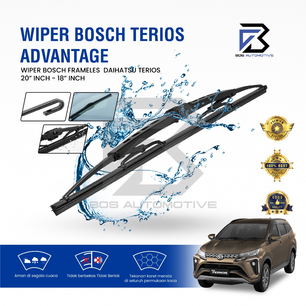 Wiper Blade BOSCH Clear Frameless Karet | Advantage Besi Kipas Kaca Depan Mobil DAIHATSU TERIOS - TOYOTA RUSH Frame Hook 20" - 18" Inch Original - foto-variasi-1