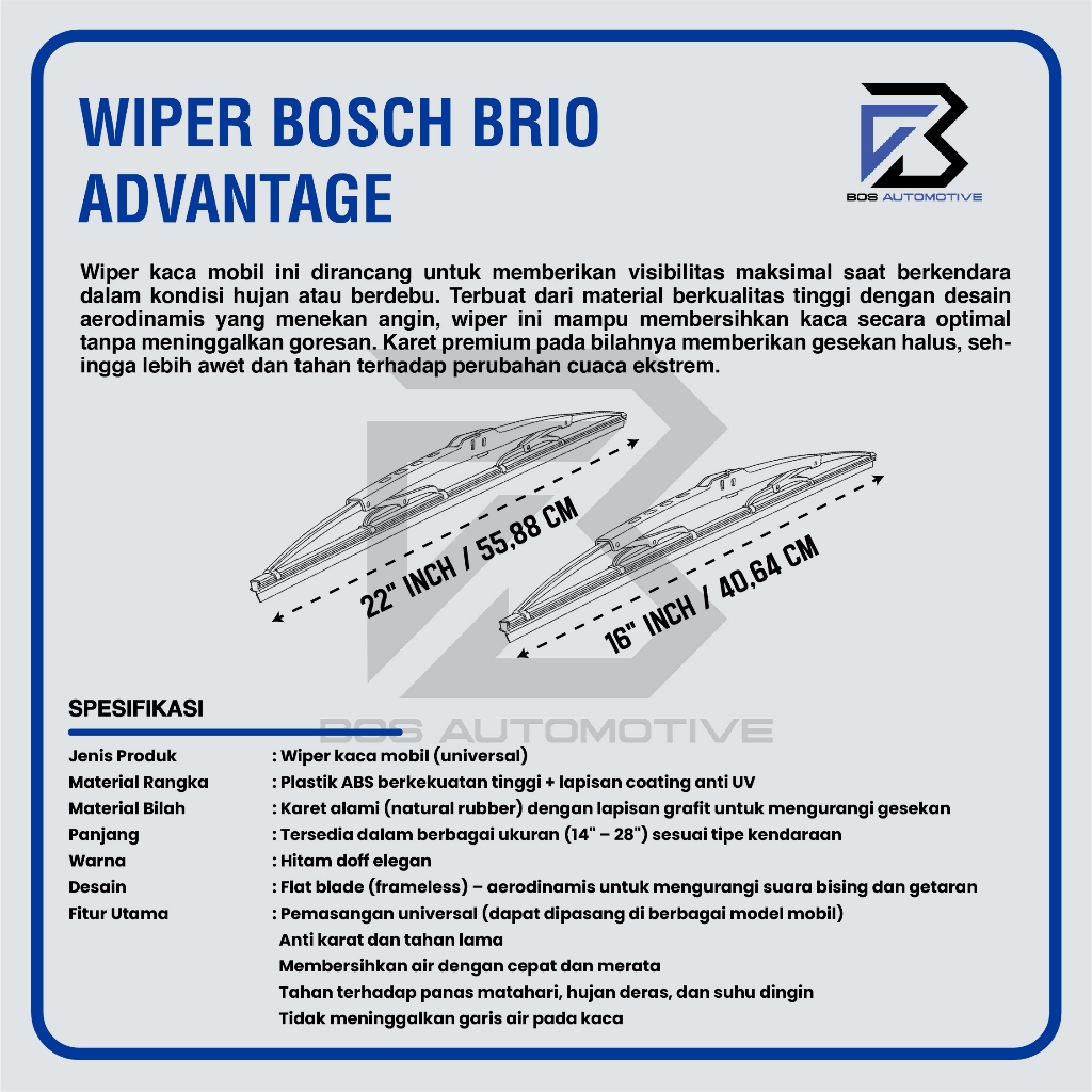 Wiper Blade BOSCH Advantage Besi Kipas Kaca Depan Mobil Frame Hook 22" - 16" Inch - foto-produk-2