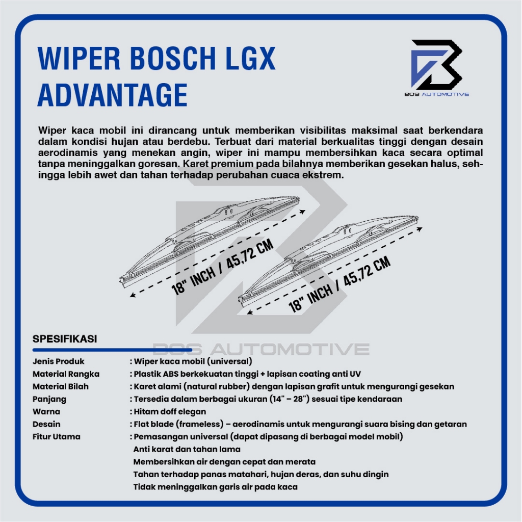 Wiper Blade BOSCH Advantage Besi Kipas Kaca Depan Mobil TOYOTA KIJANG KAPSUL LGX Frame Hook 18" - 18" Inch Original - foto-produk-2