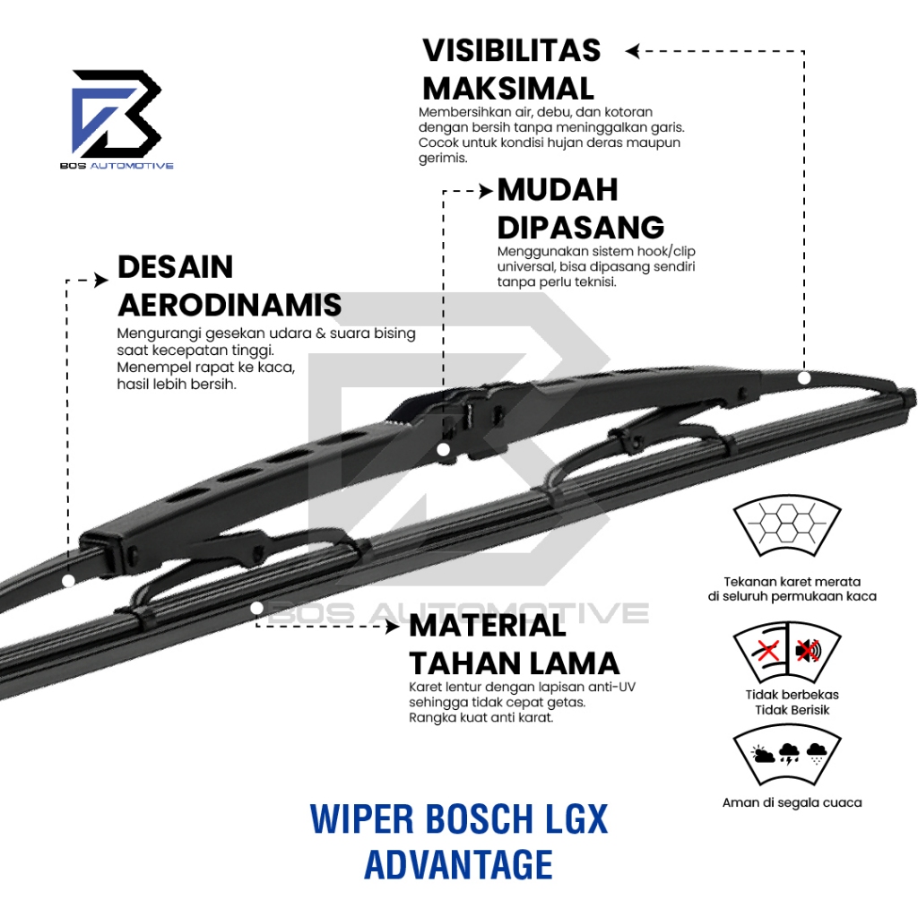 Wiper Blade BOSCH Advantage Besi Kipas Kaca Depan Mobil TOYOTA KIJANG KAPSUL LGX Frame Hook 18" - 18" Inch Original - foto-produk-3
