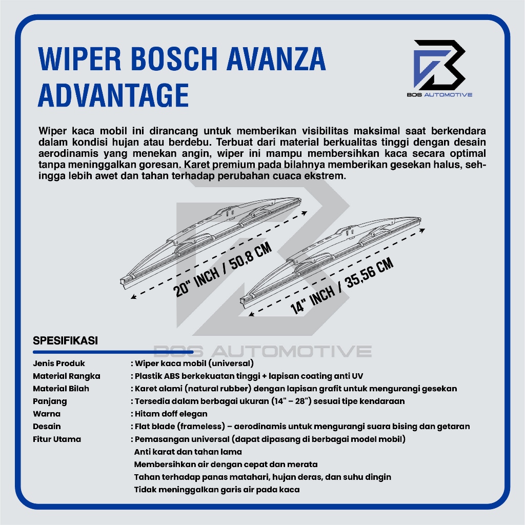 Wiper Blade BOSCH Advantage Besi Kipas Kaca Depan Mobil TOYOTA ALL NEW AVANZA - DAIHATSU ALL NEW XENIA 2012 - 2014 Frame Hook 21" - 14" Inch Original - foto-produk-2