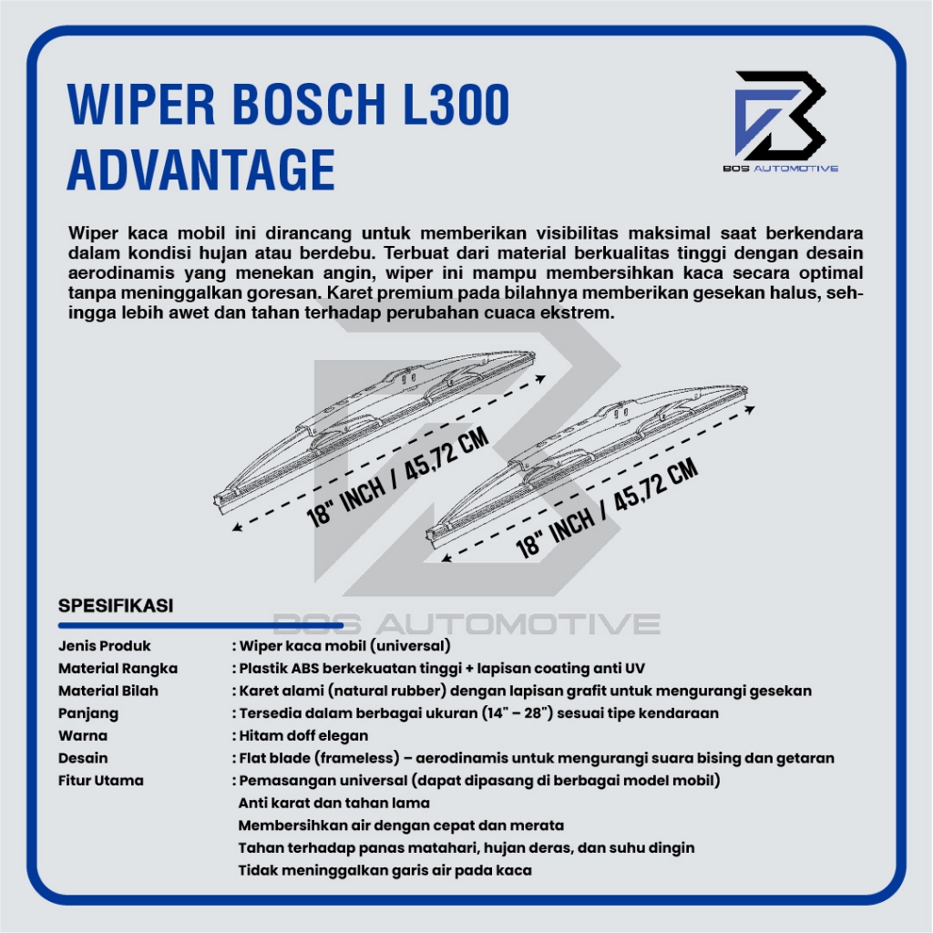 Wiper Blade BOSCH Advantage Besi | Clear Frameless Karet Kipas Kaca Depan Mobil MITSUBISHI L300 Frame Hook 18" - 18" Inch Original - foto-produk-2