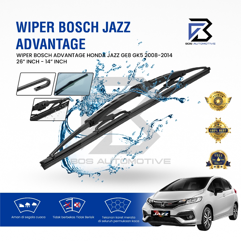 Wiper Blade BOSCH Clear Frameless Karet | Advantage Besi Kipas Kaca Depan Mobil HONDA JAZZ HONDA FREED Frame Hook 26" - 14" Inch Original - foto-variasi-3