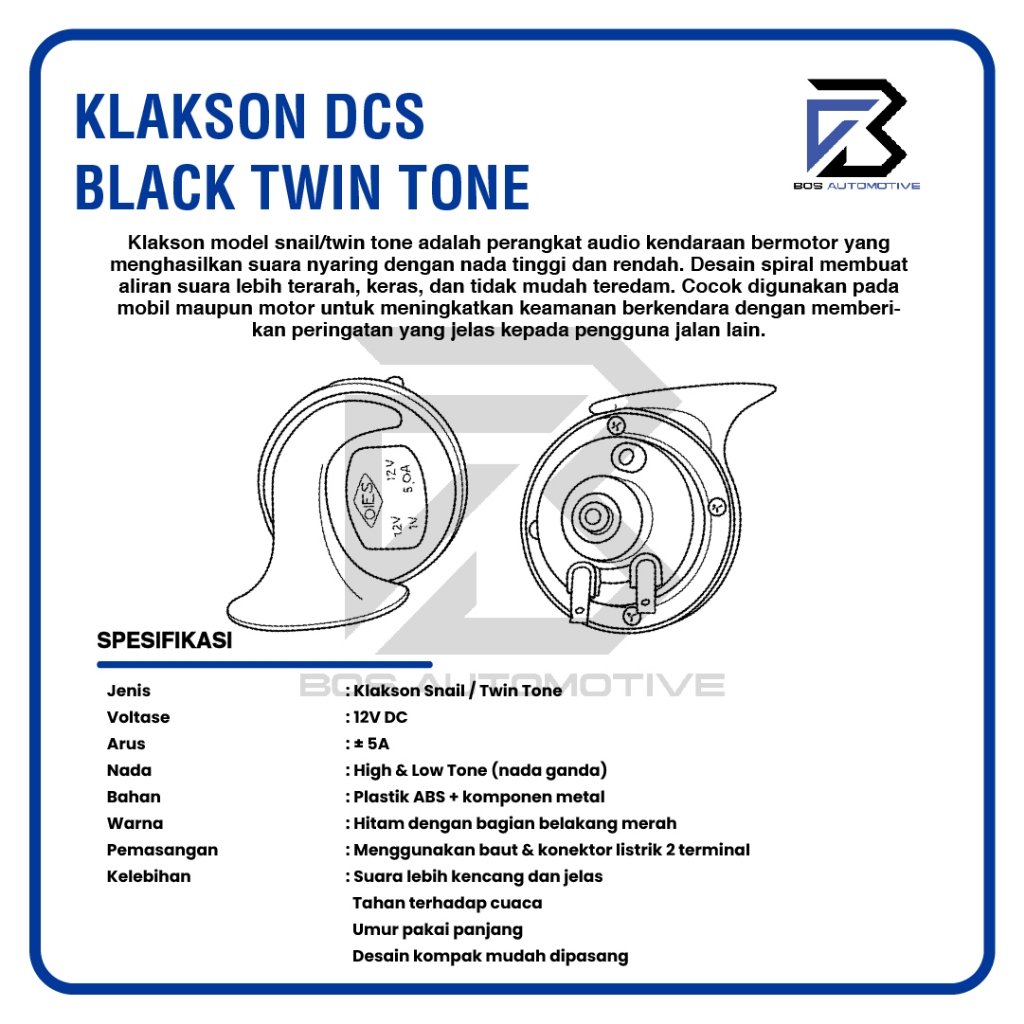 Klakson Keong Mobil Motor DCS Keong Black Twin Tone dengan Kabel Relay Set Klakson 12v - foto-produk-2