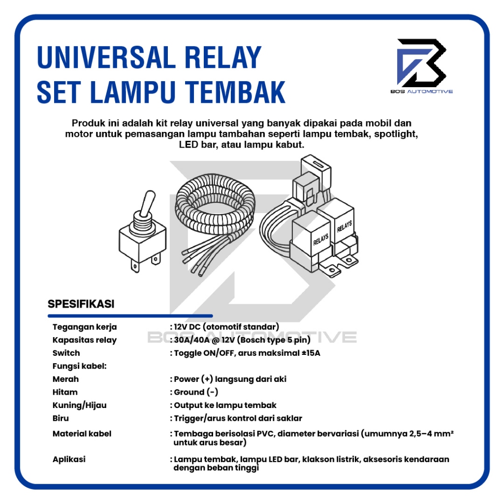 Kabel Relay Set Lampu Foglamp Tembak Mobil Motor Dengan Relay Bosch 2 Mode High Low 12v - foto-produk-2