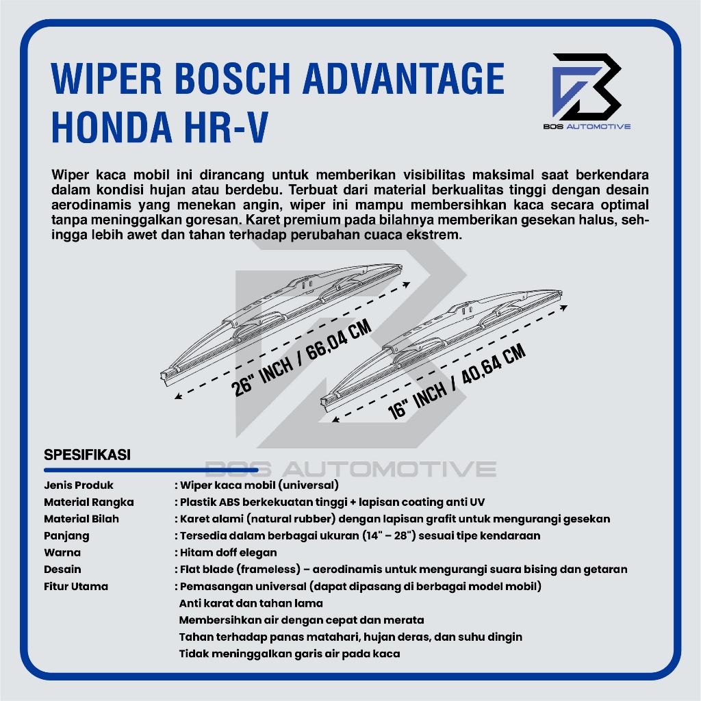 Wiper Blade BOSCH Advantage Besi Kipas Kaca Depan Mobil HONDA HRV Frame Hook 26" - 16" Inch Original - foto-produk-2