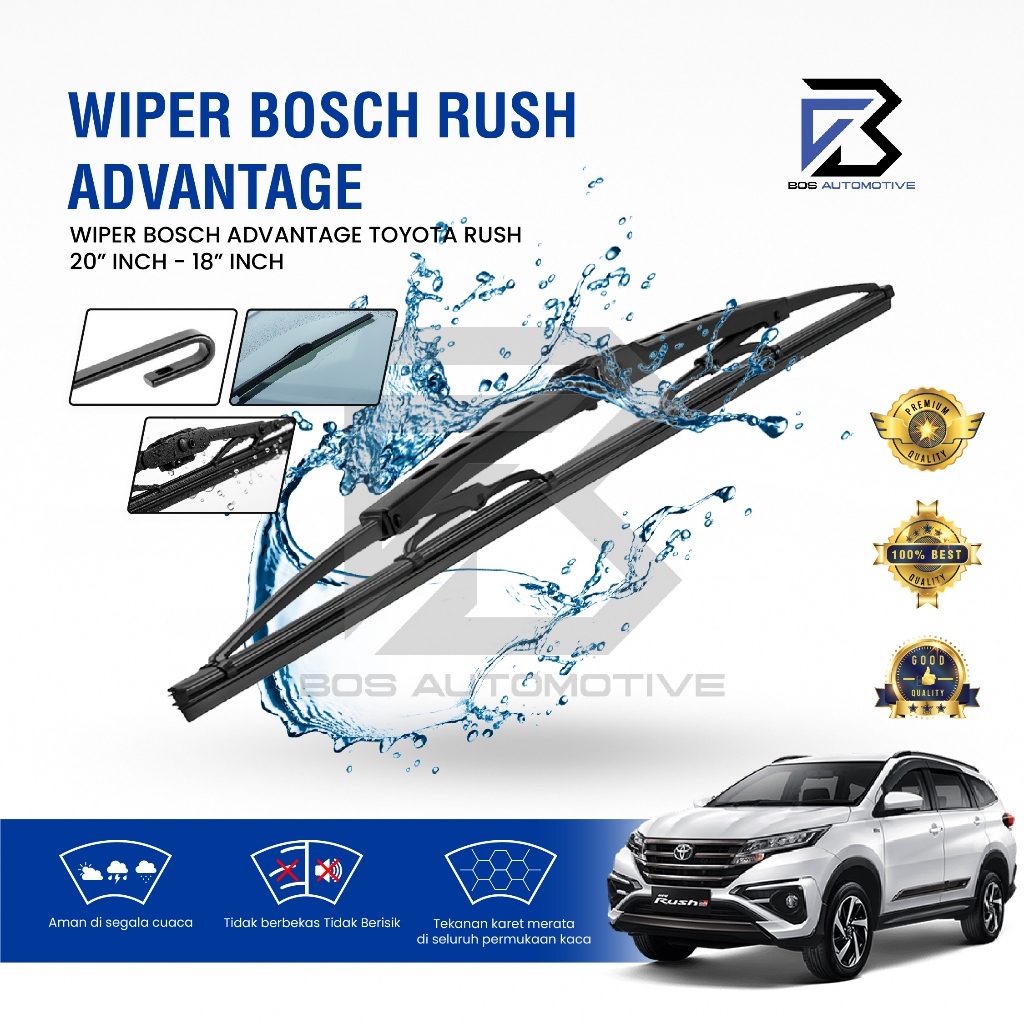 Wiper Blade BOSCH Clear Frameless Karet | Advantage Besi Kipas Kaca Depan Mobil TOYOTA RUSH - DAIHATSU TERIOS Frame Hook 20" - 18" Inch Original - foto-variasi-1