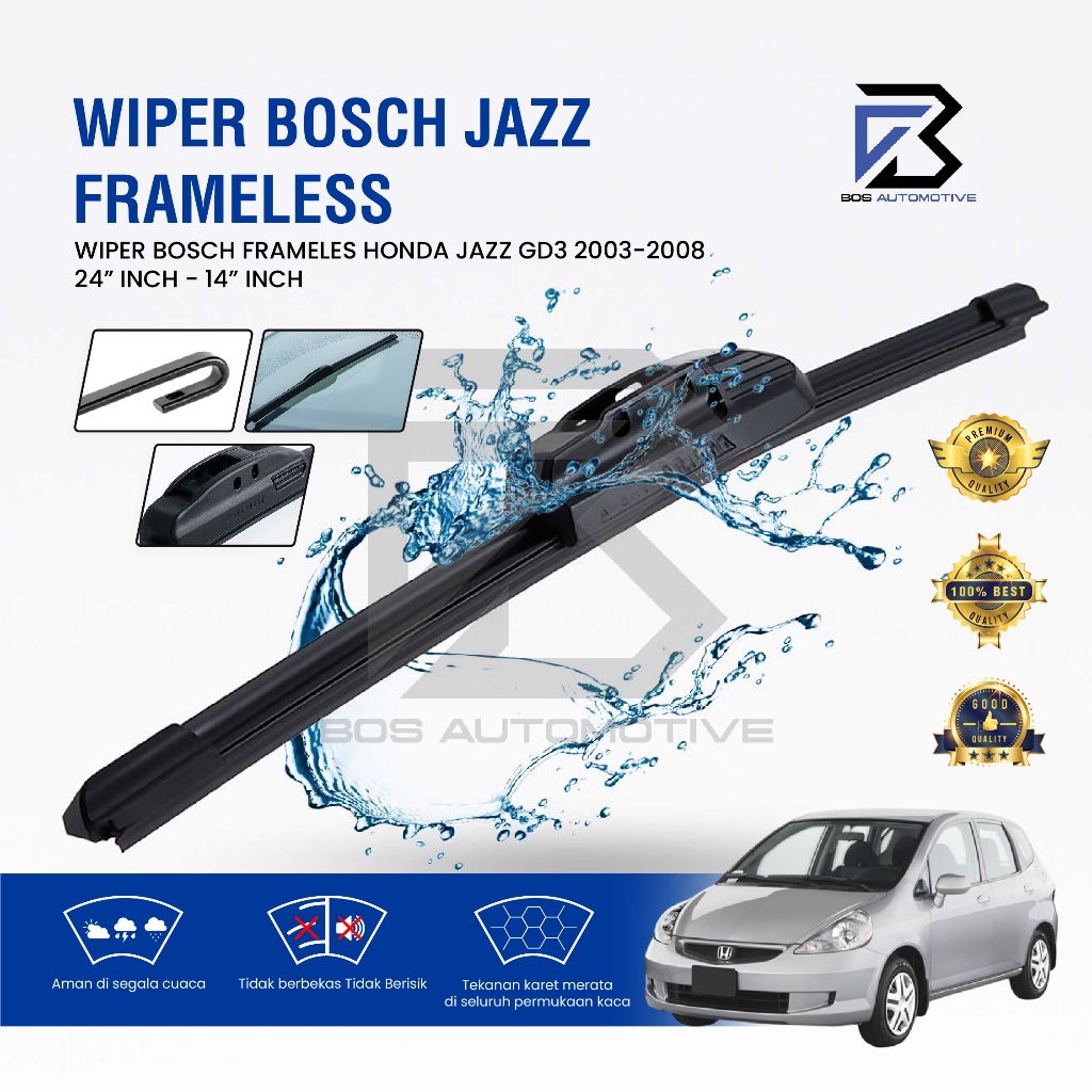 Wiper Blade BOSCH Clear Frameless Karet Kipas Kaca Depan Mobil HONDA JAZZ GD3 2004 - 2007 Frame Hook 24" - 14" Inch Original - foto-variasi-2