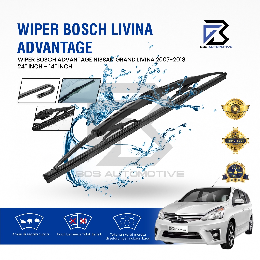 Wiper Blade BOSCH Clear Frameless Karet  GRAND LIVINA Frame Hook 24" - 14" Inch Original - foto-variasi-1