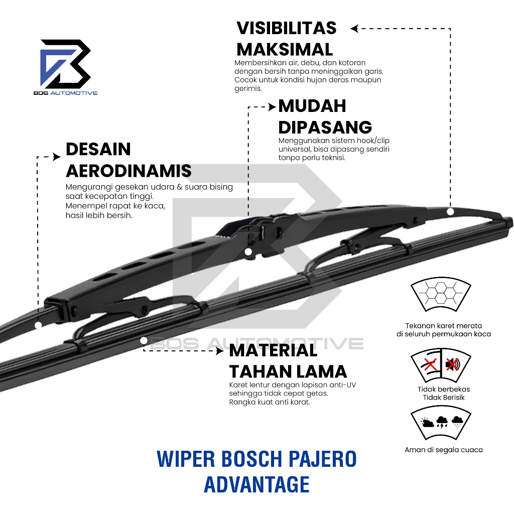 Wiper Blade BOSCH Advantage Besi Kipas Kaca Depan Mobil MITSUBISHI PAJERO SPORT Frame Hook 22" - 18" Inch Original - foto-produk-3