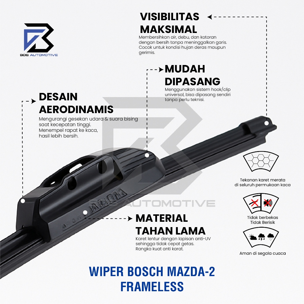 Wiper Blade Bosch Clear Frameless / Karet / Kipas Kaca Depan Mobil MAZDA 2 DE / Frame Hook 24" - 14" Inch Original - foto-produk-3