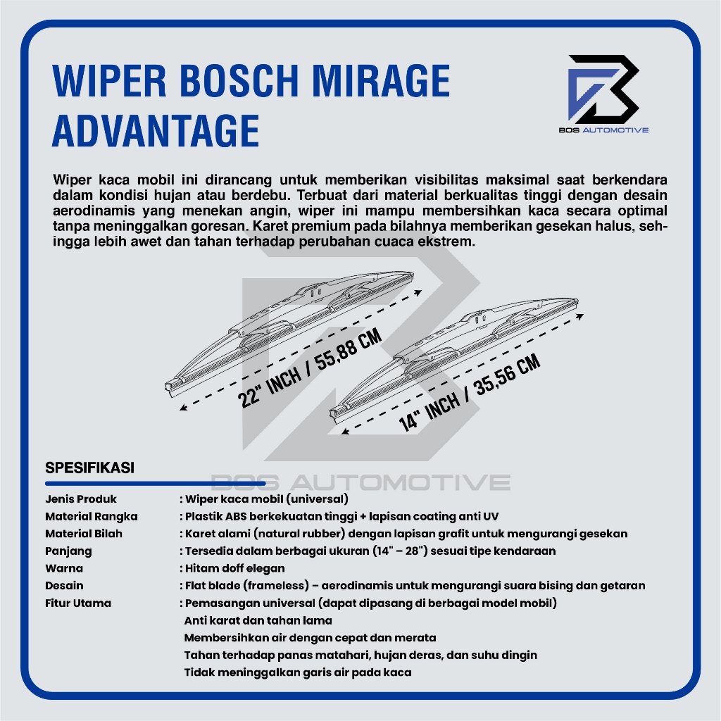 Wiper Blade BOSCH Advantage Besi Kipas Kaca Depan Mobil MITSUBISHI MIRAGE Frame Hook 22" - 14" Inch Original - foto-produk-2