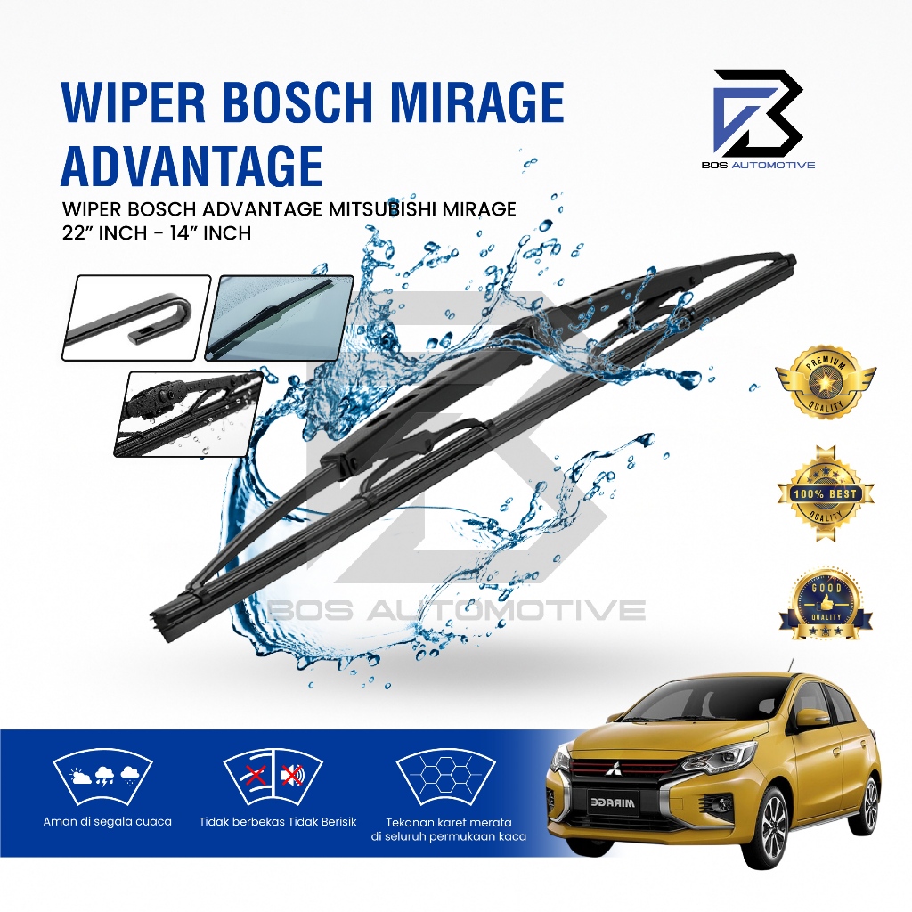 Wiper Blade BOSCH Advantage Besi Kipas Kaca Depan Mobil MITSUBISHI MIRAGE Frame Hook 22" - 14" Inch Original - foto-sampul