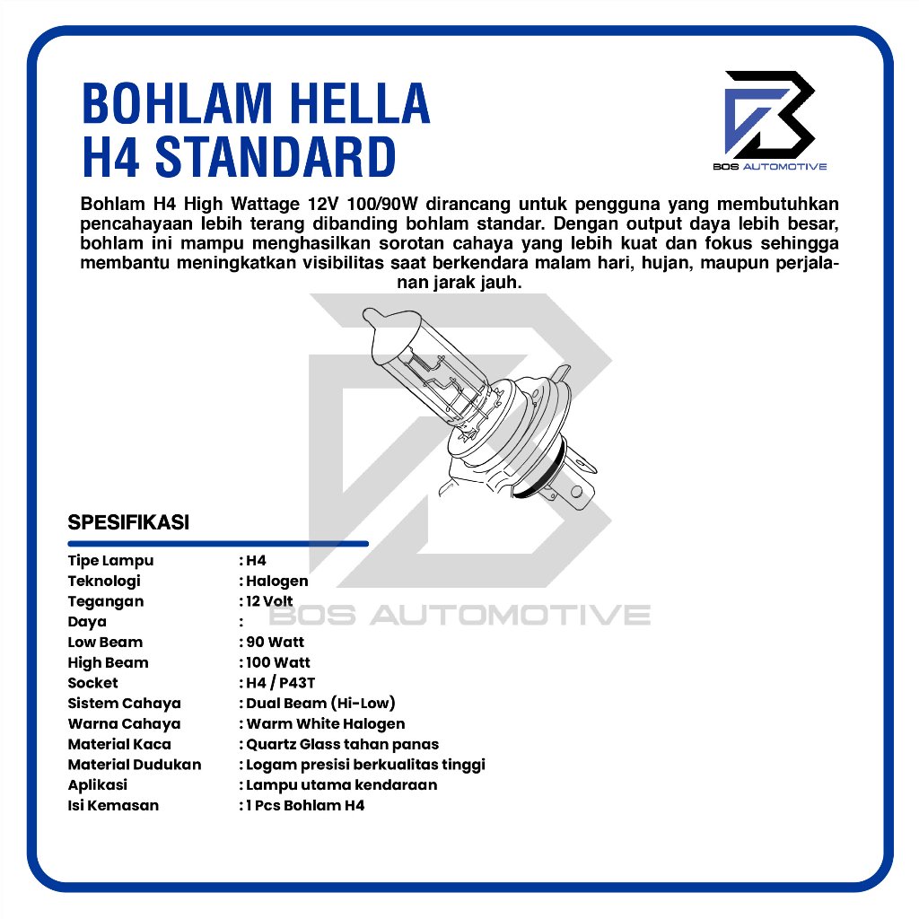 Bohlam Lampu Mobil Halogen HELLA H4 P43T 12V 100/90W Original - foto-produk-2