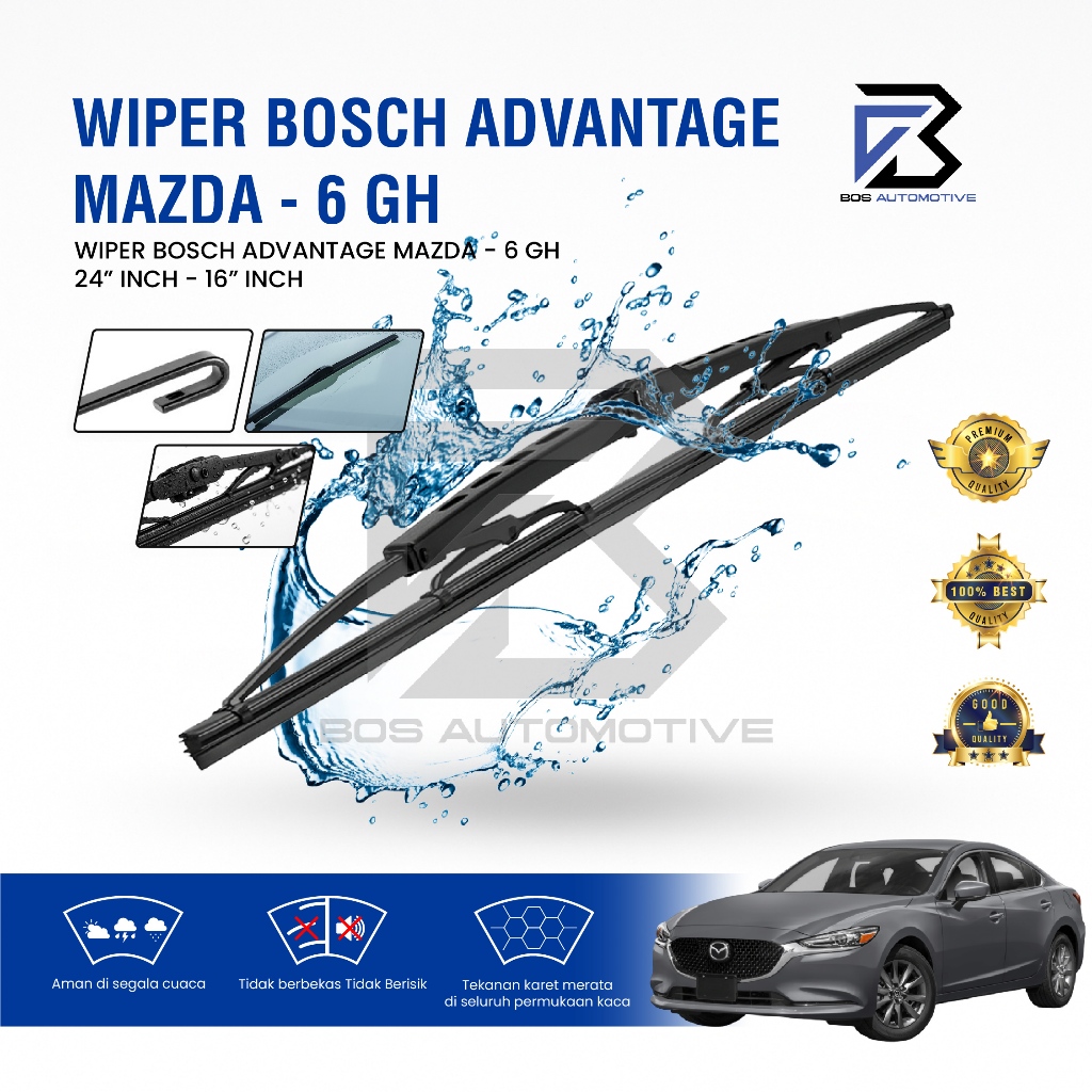 Wiper Blade BOSCH Clear Frameless Karet | Advantage Besi Kipas Kaca Depan Mobil MAZDA 6 GH  Frame Hook 24" - 16" Inch Original - foto-variasi-1
