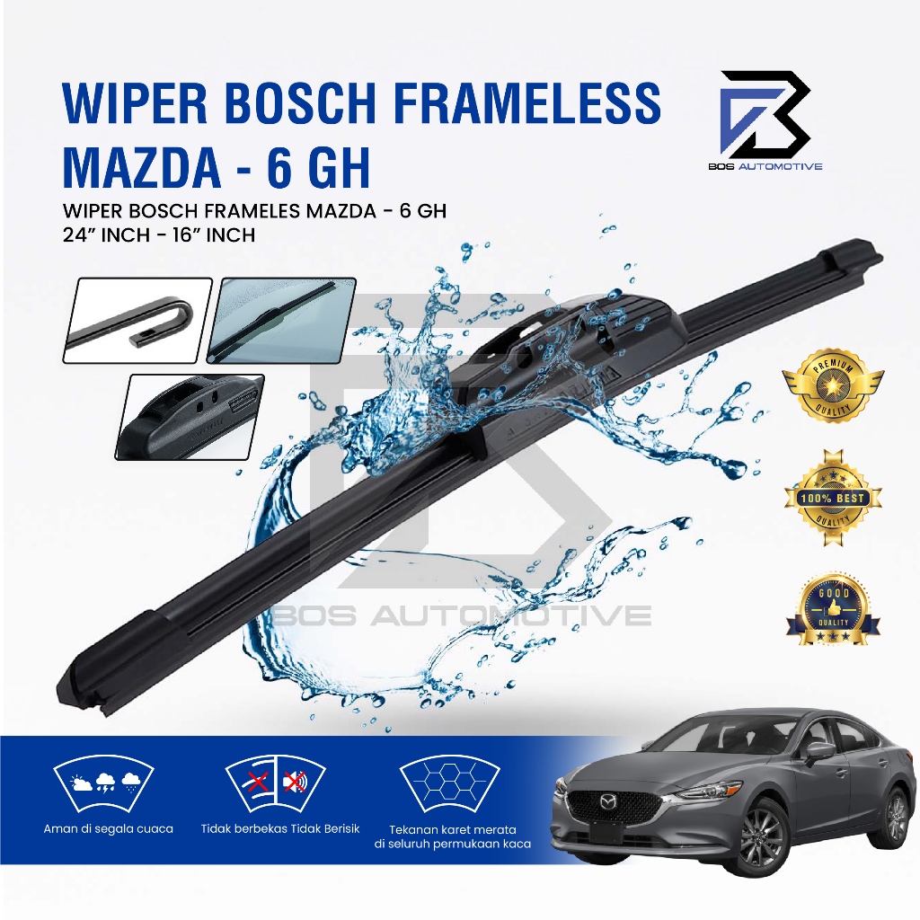 Wiper Blade BOSCH Clear Frameless Karet | Advantage Besi Kipas Kaca Depan Mobil MAZDA 6 GH  Frame Hook 24" - 16" Inch Original - foto-variasi-2