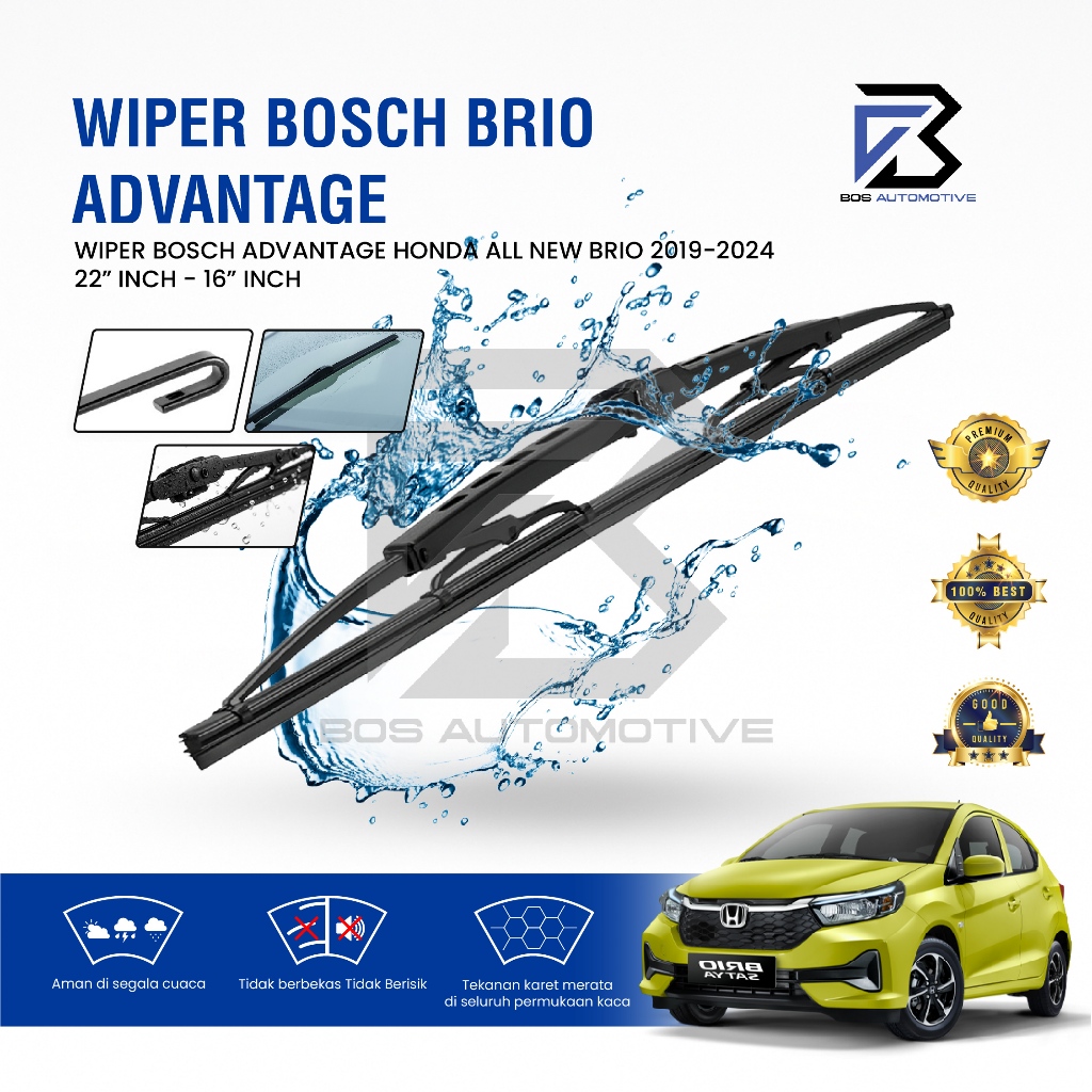 Wiper Blade BOSCH Clear Frameless Karet | Advantage Besi Kipas Kaca Depan Mobil HONDA ALL NEW BRIO 2019 - 2024 Frame Hook 22" - 16" Inch Original - foto-variasi-1