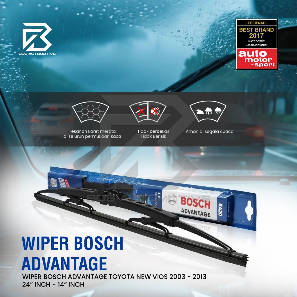 Wiper Blade BOSCH Clear Frameless Karet | Advantage Besi Kipas Kaca Depan Mobil TOYOTA NEW VIOS 2003 â€“ 2013 Frame Hook 24" - 14" Inch Original - foto-produk-4