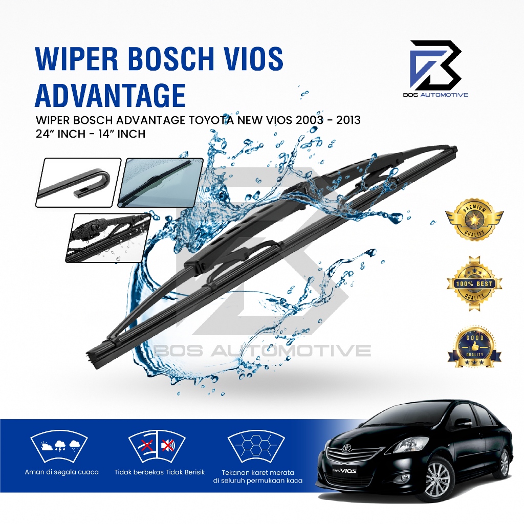 Wiper Blade BOSCH Clear Frameless Karet | Advantage Besi Kipas Kaca Depan Mobil TOYOTA NEW VIOS 2003 â€“ 2013 Frame Hook 24" - 14" Inch Original - foto-sampul
