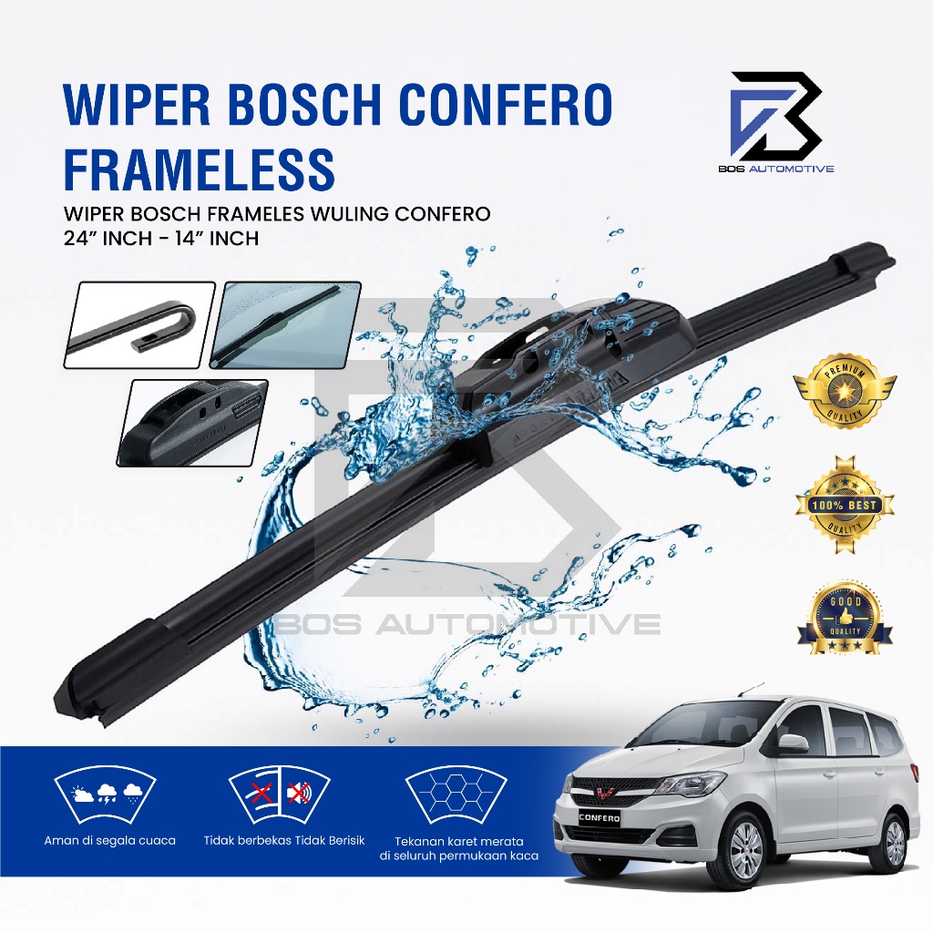 Wiper Blade BOSCH Clear Frameless Karet | Advantage Besi Kipas Kaca Depan Mobil WULING CONFERO Frame Hook 24" - 14" Inch Original - foto-sampul