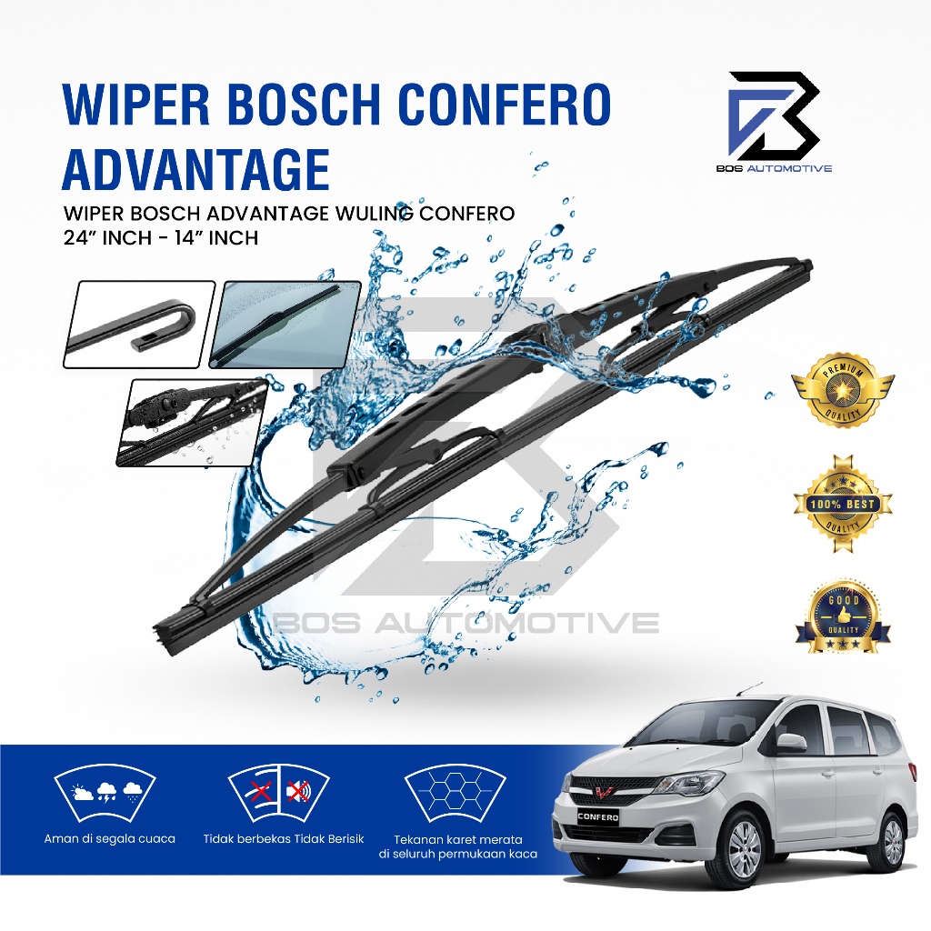 Wiper Blade BOSCH Clear Frameless Karet | Advantage Besi Kipas Kaca Depan Mobil WULING CONFERO Frame Hook 24" - 14" Inch Original - foto-variasi-1