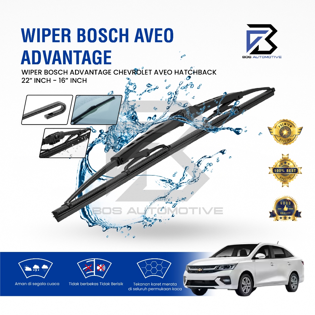Wiper Blade BOSCH Clear Frameless Karet | Advantage Besi Kipas Kaca Depan Mobil MITSUBISHI CHEVROLET AVEO HATCHBACK Frame Hook 22" - 16" Inch Original - foto-variasi-1