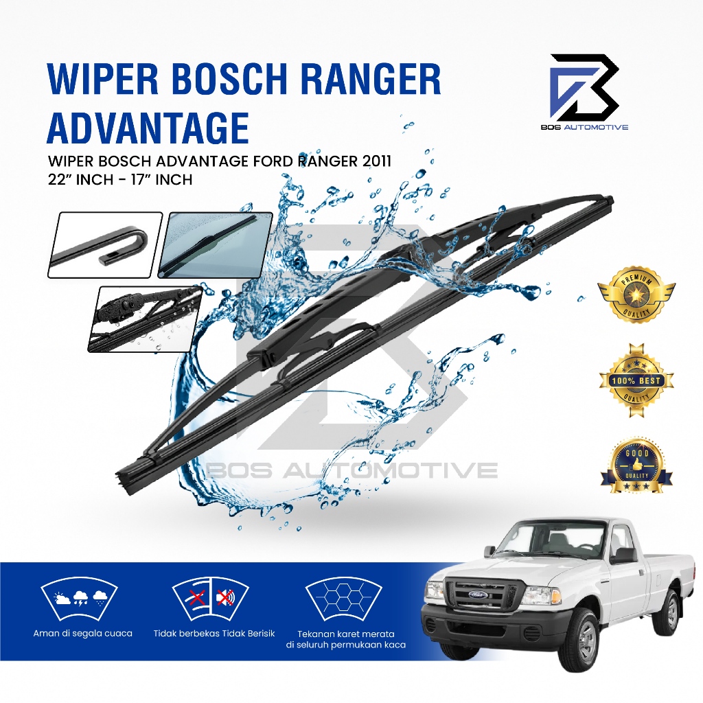 Wiper Blade BOSCH Clear Frameless Karet | Advantage Besi Kipas Kaca Depan Mobil FORD RANGER 2011 Frame Hook 22" - 17" Inch Original - foto-variasi-1