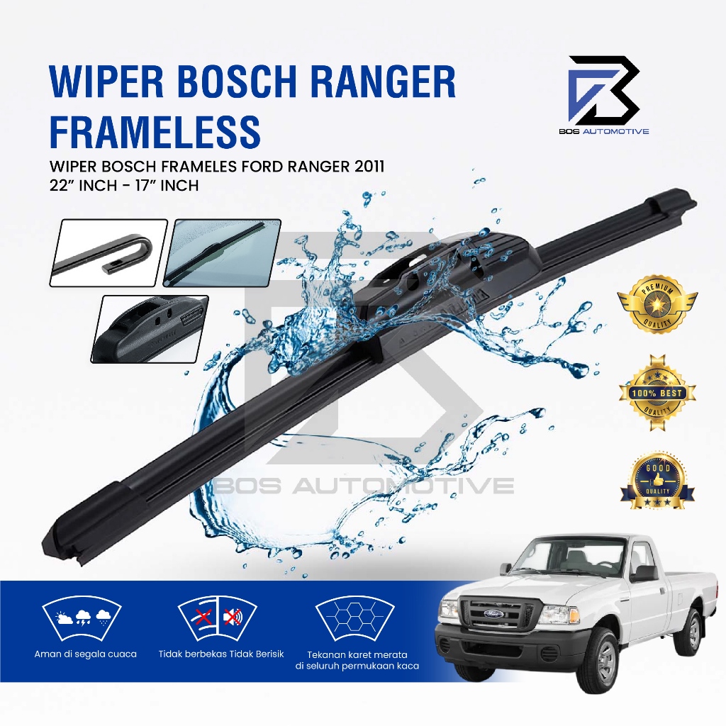 Wiper Blade BOSCH Clear Frameless Karet | Advantage Besi Kipas Kaca Depan Mobil FORD RANGER 2011 Frame Hook 22" - 17" Inch Original - foto-variasi-2