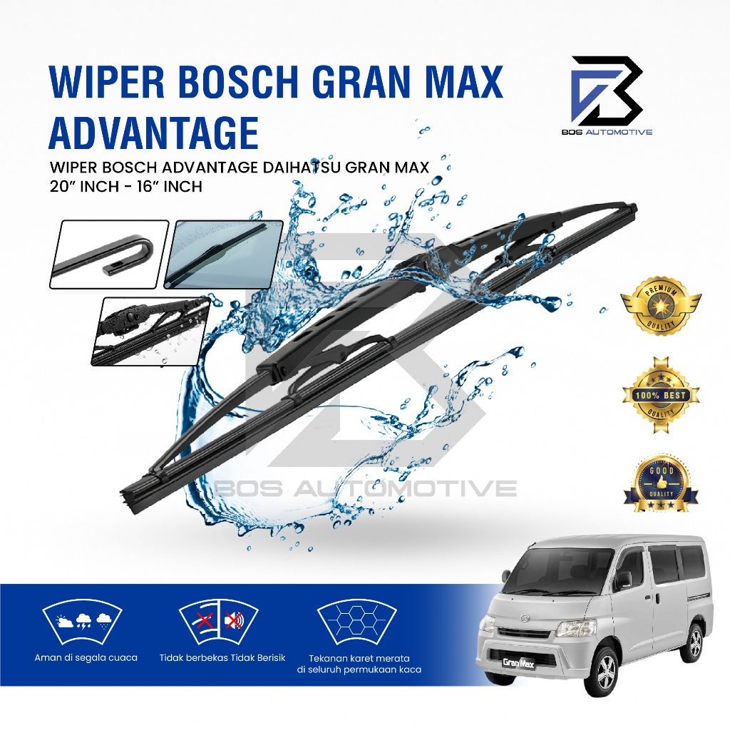 Wiper Blade BOSCH Clear Frameless Karet | Advantage Besi Kipas Kaca Depan Mobil DAIHATSU GRAN MAX  Frame Hook 20" - 16" Inch Original - foto-variasi-1