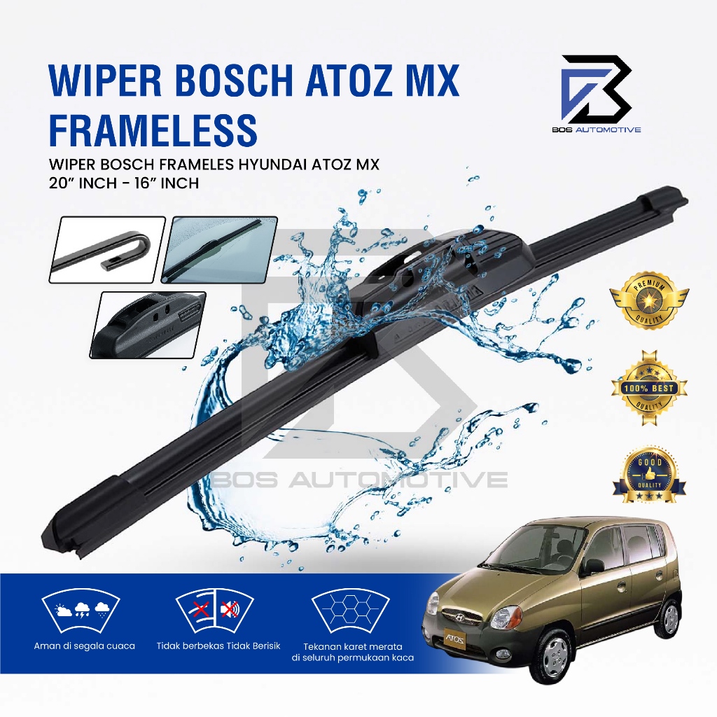 Wiper Blade Bosch Clear Frameless / Karet / Kipas Kaca Depan Mobil Mobil NEW HYUNDAI ATOZ MX / Frame Hook 20" - 16" Inch Original - foto-sampul