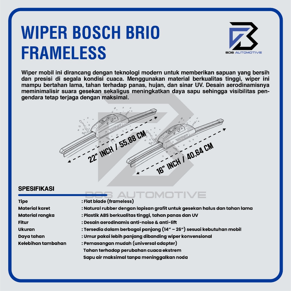 Wiper Blade BOSCH Clear Frameless Karet Kipas Kaca Depan Mobil HONDA BRIO 2013 - 2018 Frame Hook 22" - 16" Inch Original - foto-produk-2