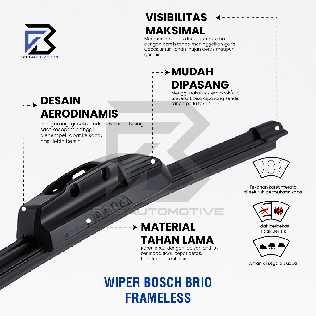 Wiper Blade BOSCH Clear Frameless Karet Kipas Kaca Depan Mobil HONDA BRIO 2013 - 2018 Frame Hook 22" - 16" Inch Original - foto-produk-3