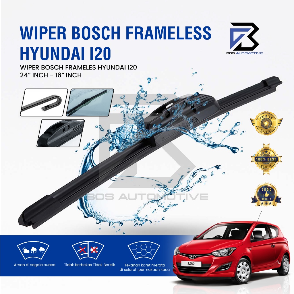 Wiper Blade BOSCH Clear Frameless Karet | Advantage Besi Kipas Kaca Depan Mobil NEW HYUNDAI i20 Frame Hook 24" - 16" Inch Original - foto-sampul