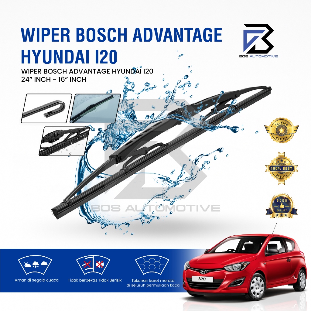 Wiper Blade BOSCH Clear Frameless Karet | Advantage Besi Kipas Kaca Depan Mobil NEW HYUNDAI i20 Frame Hook 24" - 16" Inch Original - foto-variasi-1