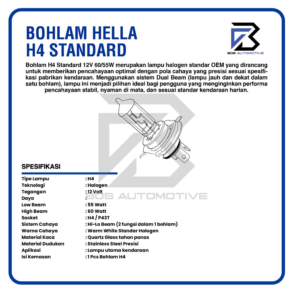Bohlam Lampu Standard Mobil Halogen HELLA H4 P43T 12V 60/55W Original - foto-produk-2