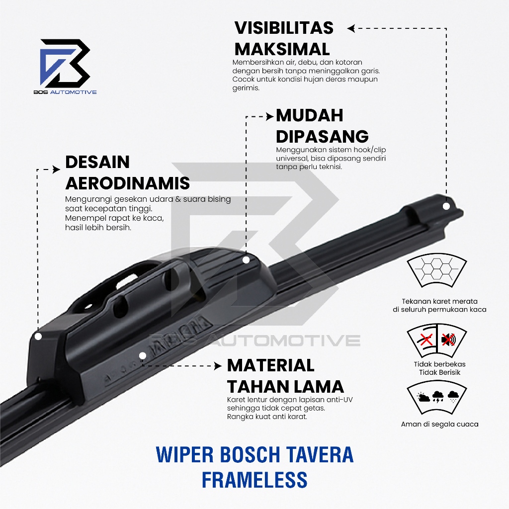Wiper Blade BOSCH Clear Frameless Karet | Advantage Besi Kipas Kaca Depan Mobil CHEVROLET TAVERA Frame Hook 22" - 16" Inch Original - foto-produk-3