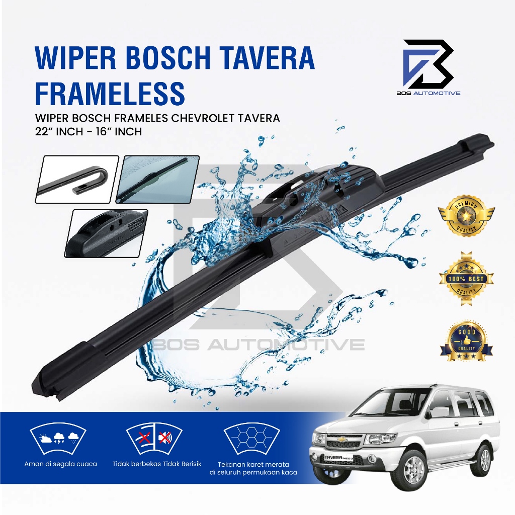Wiper Blade BOSCH Clear Frameless Karet | Advantage Besi Kipas Kaca Depan Mobil CHEVROLET TAVERA Frame Hook 22" - 16" Inch Original - foto-sampul