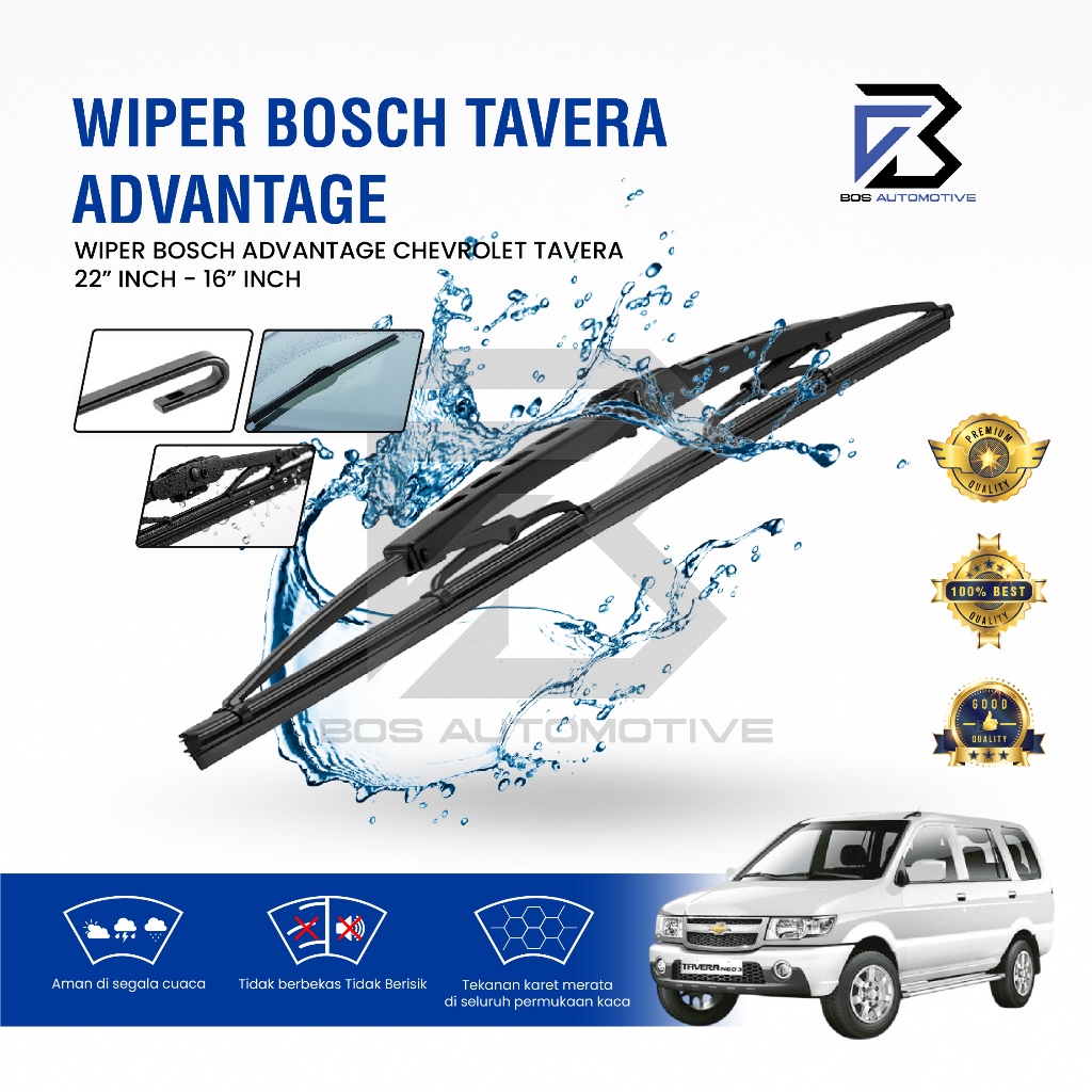 Wiper Blade BOSCH Clear Frameless Karet | Advantage Besi Kipas Kaca Depan Mobil CHEVROLET TAVERA Frame Hook 22" - 16" Inch Original - foto-variasi-1