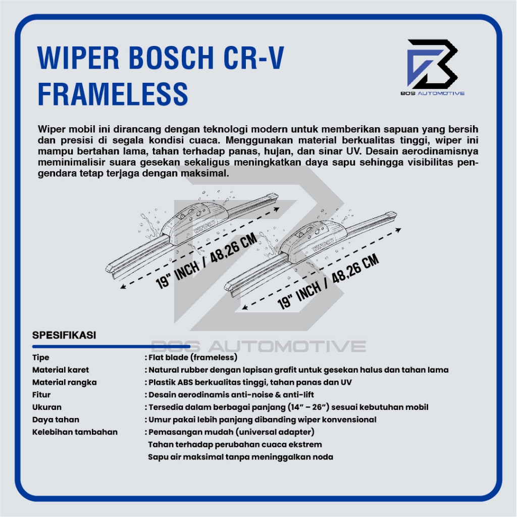 Wiper Blade Bosch Clear Frameless / Karet / Kipas Kaca Depan Mobil Mobil HONDA CRV 1st GEN / Frame Hook 19" - 19" Inch Original - foto-produk-2
