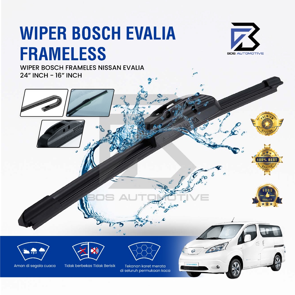 Wiper Blade Bosch Clear Frameless / Karet / Kipas Kaca Depan Mobil Mobil NISSAN EVALIA / Frame Hook 24" - 16" Inch Original - foto-sampul
