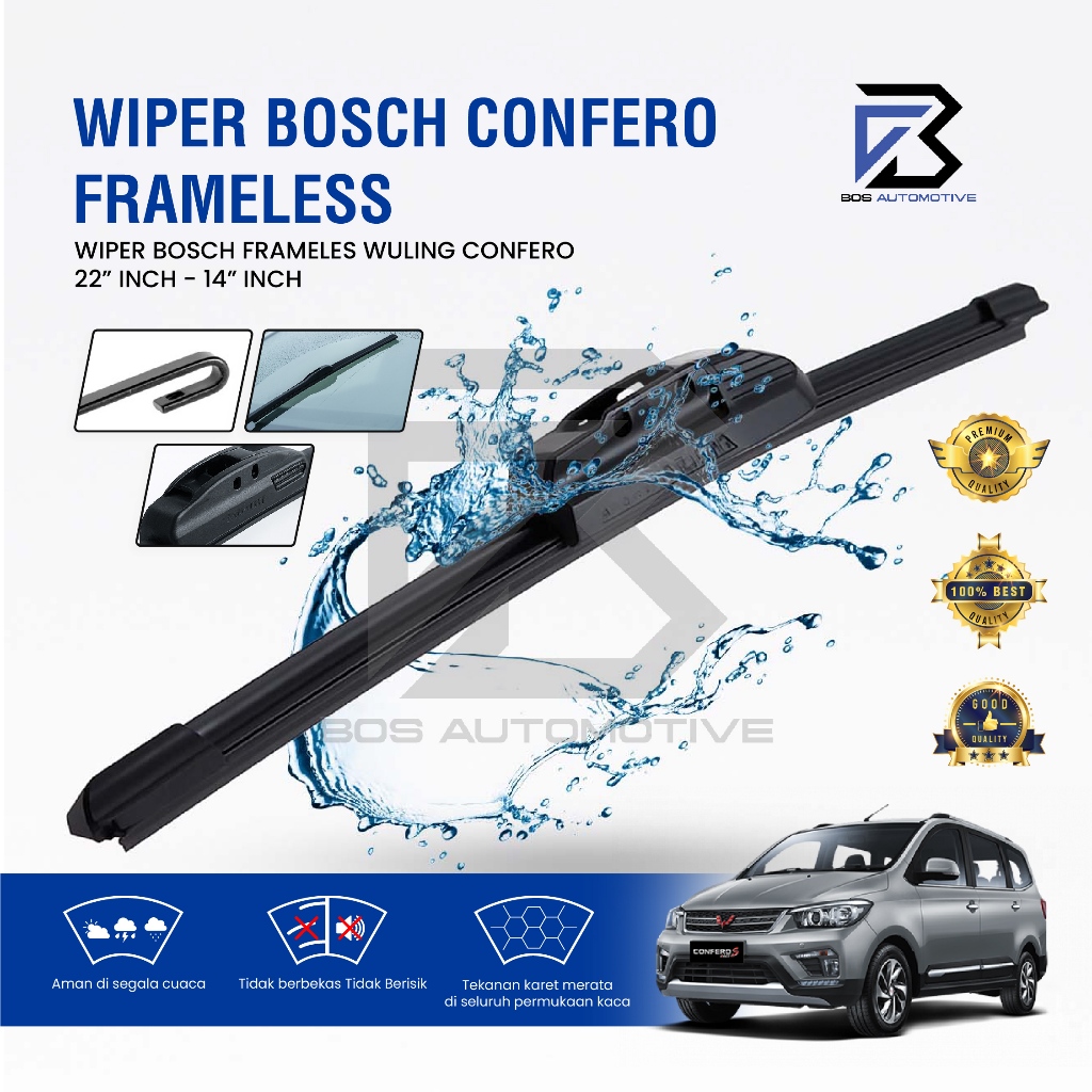 Wiper Blade BOSCH Clear Frameless Karet | Advantage Besi Kipas Kaca Depan Mobil WULING CONFERO Frame Hook 22" - 14" Inch Original - foto-sampul
