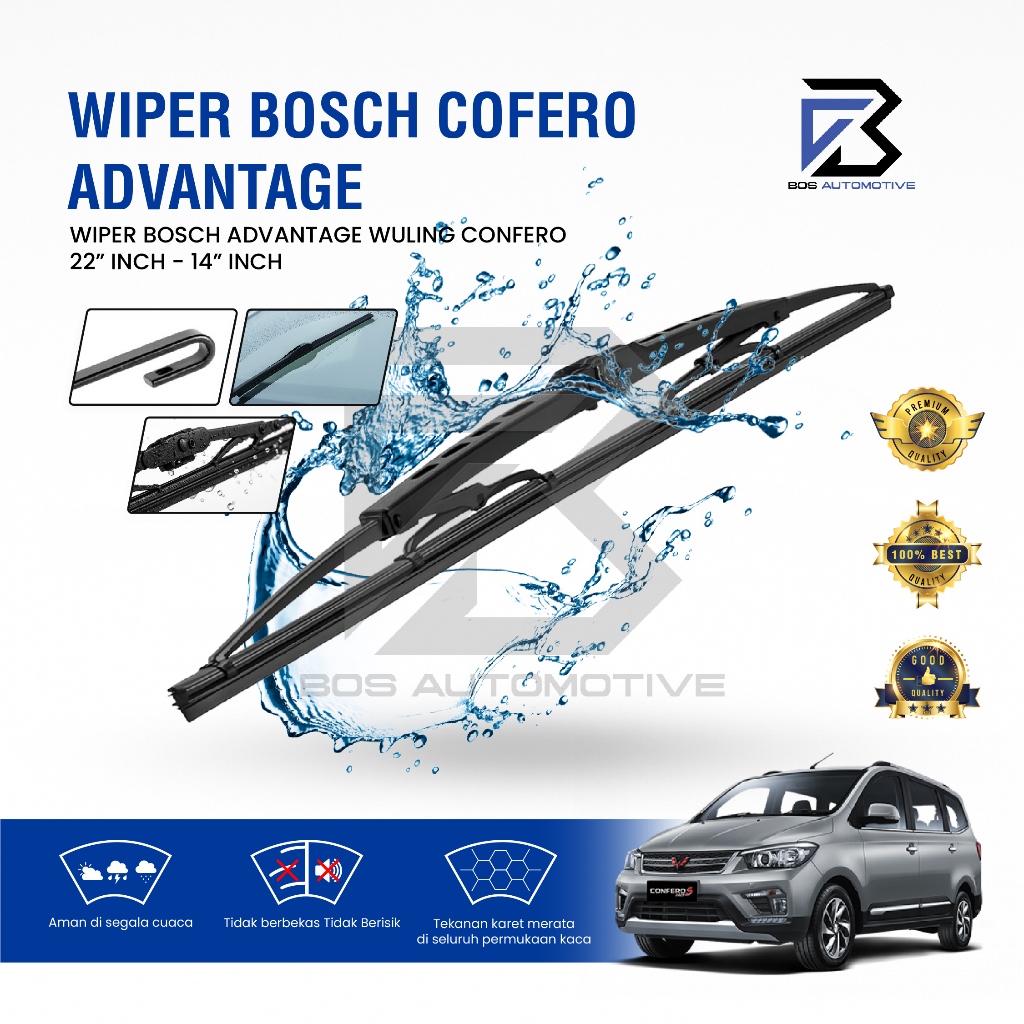 Wiper Blade BOSCH Clear Frameless Karet | Advantage Besi Kipas Kaca Depan Mobil WULING CONFERO Frame Hook 22" - 14" Inch Original - foto-variasi-1